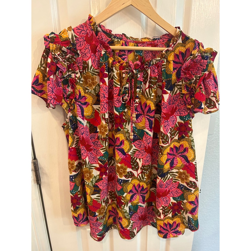 Rose and Olive Blouse Multicolor Floral Ruffle Tie Neck Flutter Sleeve Boho Top